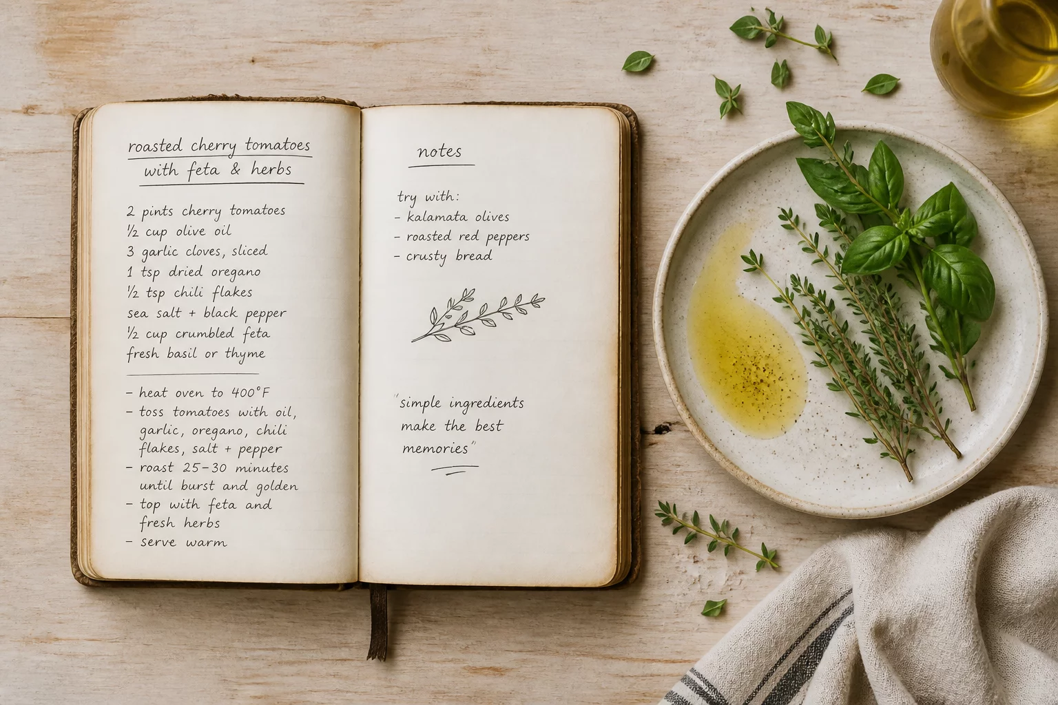 Culinary notebook and fresh ingredients