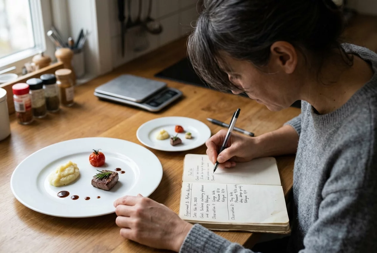Portion tuning experiment notebook with quarter-plate checkpoint notes
