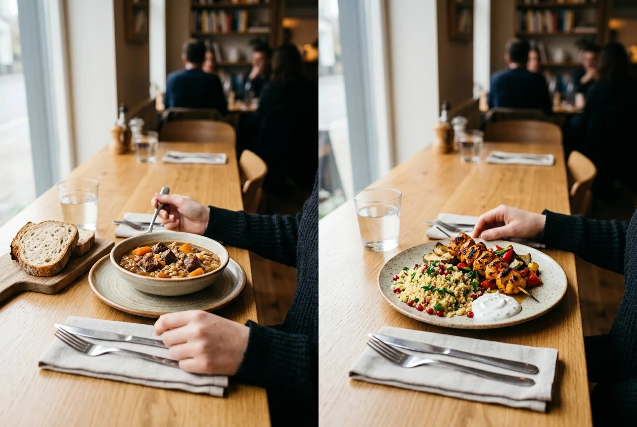 Two dining experiences compared side-by-side on a reflection worksheet